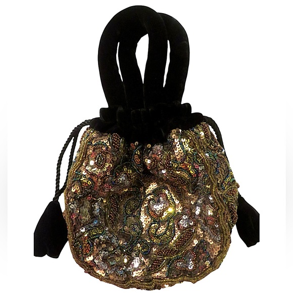 Chico’s Beaded Sequin Flapper 20s Great Gatsby Velvet Bucket Bag Purse Gold New - Picture 2 of 11